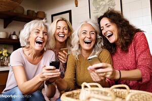 AI Generative Group of senior female using smart mobile phone device outside  Three mature women having fun watching cellphone together  Generation x concept with older people addicted to social photo