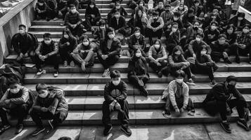 ai generativo grupo de personas con cara máscara sentado en un escalera al aire libre cerca arriba en bajo sección cuerpo foto