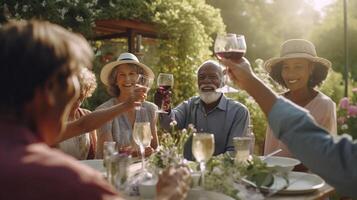 AI Generative Group of senior people having bbq dinner party in home garden  Happy family eating food and drinking wine together sitting at restaurant table photo