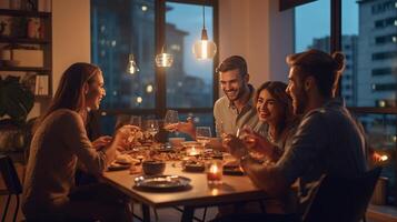 ai generativo grupo de sonriente amigos disfrutando cena a hogar contento familia teniendo comida fiesta juntos vida estilo concepto con chicos y muchachas comiendo comida y Bebiendo rojo vino comida y beve foto