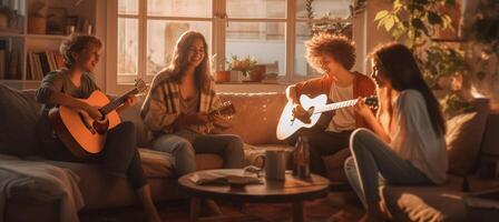 ai generativo grupo de adolescentes teniendo divertido a hogar utilizando ordenador portátil y jugando guitarra en vivo habitación grupo de personas disfrutando hora juntos Bebiendo cerveza foto