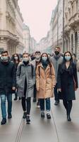 AI Generative Group of tourists wearing protective face mask on city street smiling at camera  New normal concept with young people having fun on vacation  Reopening holidays concept photo