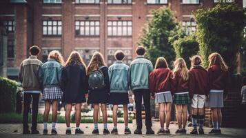 ai generativo grupo de Universidad estudiantes caminando lejos en un colegio foto