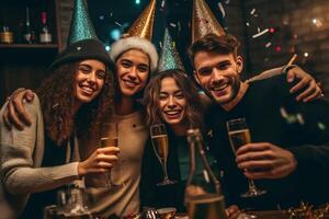 AI Generative Group of young people enjoying time drinking champagne at restaurant with face mask  New normal concept of happy friends having fun photo