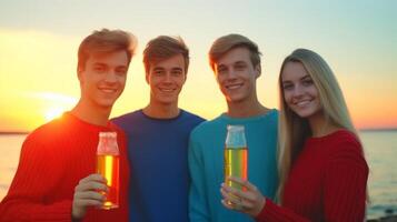 ai generativo grupo de joven personas teniendo divertido en vacaciones a el playa playa fiesta a puesta de sol cuatro chicos mirando a el cámara pulverización agua foto