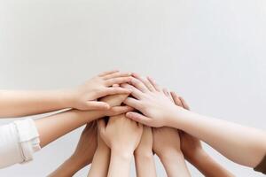 AI Generative Group of young people stacking hands together  Friends with stack of hands showing unity and teamwork  Human relationship concept photo