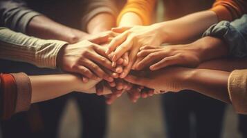 AI Generative Group of young people stacking hands together outdoor  Community of multiracial international people supporting each other  Union support and human resources concept photo