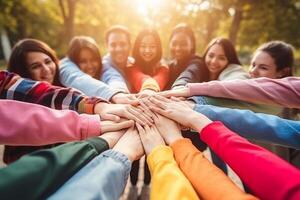 AI Generative Group of young people stacking hands together outdoor  Community of multiracial international people supporting each other  Union support and human resources concept photo