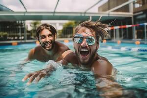 AI Generative Group of young people using smartphones at the swimming pool Four caucasian friends having fun on vacation photo