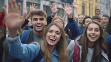 ai generativo grupo de joven personas con manos arriba mirando a cámara milenario amigos teniendo divertido juntos en ciudad calle multicultural estudiantes caminando fuera de Universidad instalaciones juventud cultura foto