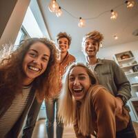 AI Generative Group of young tourists standing in youth hostel guest house  Happy multiracial friends booking summer vacation home  Guys and girls having fun taking selfie picture at summertime photo