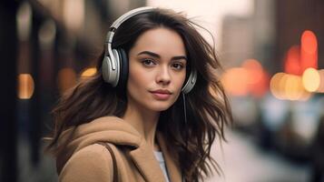 AI Generative Half length of young beautiful brunette straight hair woman in the city with headphones listening to music looking in camera photo