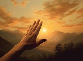 AI Generative Hand of a man reaching out the beatiful mountain landscape at sunset  Inspirational and travel concept photo