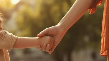 AI Generative Hands of mother and daughter holding each other on field  Mom leads her little girl in the nature outdoor  Trust and family concept photo