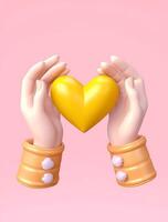 AI Generative Hands making heart shape isolated on a yellow background  Love and minimal fashion concept photo