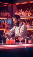 AI Generative Handsome barman making cocktail at nightclub  Happy bartender working behind the bar  Beverage life style concept photo