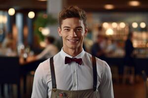 AI Generative Handsome barman smiling at camera  people restaurants concept photo