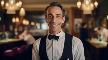 AI Generative Handsome barman smiling at camera  people restaurants concept photo