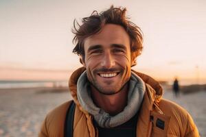 AI Generative Handsome caucasian hiker is smiling at the beach  caucasian people  people nature and lifestyle concept photo