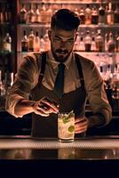 ai generativo hermoso barman haciendo cóctel a Club nocturno contento barman trabajando detrás el bar bebida vida estilo concepto foto