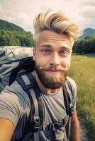 AI Generative Handsome caucasian hiker man wearing backpack taking a selfie smiling at the camera photo