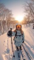 AI Generative Handsome funny skier is taking a selfie at wintertime in the snow on a mountain photo