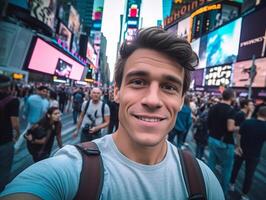ai generativo hermoso contento hombre sonriente a el cámara tomando un selfie a Nueva York foto