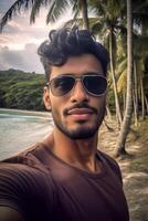 ai generativo hermoso hombre teniendo divertido tomando un selfie a el tropical isla a fiesta foto