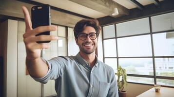 AI Generative Handsome man smiling at the camera taking a sefie at home photo