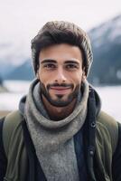 ai generativo hermoso hombre caminante tomando un selfie retrato en frente de un lago y montañas a invierno foto