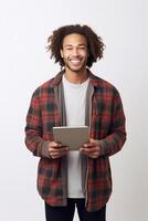 AI Generative Handsome man is smiling holding his tablet  tehnology people and lifesyle concept photo