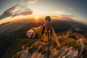 AI Generative Handsome man taking a selfie climbing a rock Smiling hiker taking a portrait with action cam hiking a mountain at sunset photo