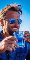 AI Generative Handsome man taking a selfie drinking beer outdoor in a sunny day photo