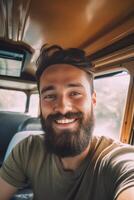 AI Generative Handsome man taking a selfie on the road at van trip Caucasian tourist having fun at vacation photo