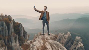 ai generativo hermoso hombre tomando un selfie alpinismo un rock sonriente caminante tomando un retrato con acción leva excursionismo un montaña a puesta de sol foto