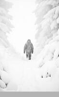 AI Generative Handsome man taking selfie on winter snow mountain  Young hiker walking outside in white forest  Sport technology and winter people concept photo