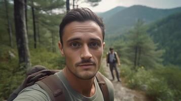 AI Generative Handsome man with backpack taking selfie in the nature  Male tourist smiling at camera while walking on mountains  Hiker having fun exploring scenic forest photo