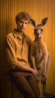 ai generativo hermoso turista hombre tomando un yo retrato con un canguro a vacaciones Australia foto