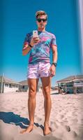 ai generativo hermoso joven hombre tomando selfie a playa verano vacaciones sonriente chico teniendo divertido caminando fuera de Hora de verano Días festivos y tecnología concepto foto