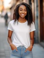 AI Generative Happy african young woman smiling at camera outside  Cheerful black girl enjoying sunny day on city street  Positive people portrait concept photo