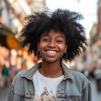 ai generativo contento africano joven mujer sonriente a cámara fuera de alegre negro niña disfrutando soleado día en ciudad calle positivo personas retrato concepto foto