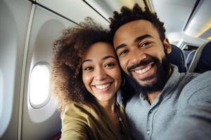 AI Generative Happy and excited couple taking a selfie sitting on a train at vacation Concept about transportation and holidays photo