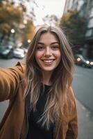 ai generativo contento hermoso niña tomando un selfie en el ciudad concepto acerca de personas tecnología y estilo de vida foto