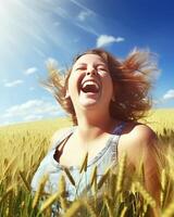 ai generativo contento hermosa mujer sonriente en un trigo campo encantador hembra disfrutando Hora de verano soleado día fuera de bienestar concepto con confidente niña riendo en el naturaleza foto