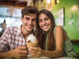 AI Generative Happy best friends having fun at restaurant Lovely couple playing with food photo