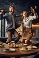 AI Generative Happy best friends having fun at restaurant Lovely couple playing with food photo