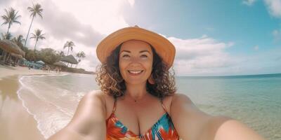 ai generativo contento caucásico mujer tomando un selfie en un tropical playa a vacaciones concepto acerca de tecnología personas de viaje y estilo de vida foto