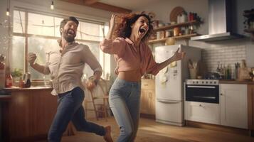 ai generativo contento Pareja bailando y canto en el cocina amoroso esposa y marido teniendo divertido Cocinando desayuno juntos foto