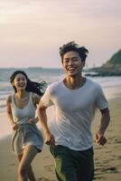 AI Generative Happy couple enjoying sun holidays running on the beach  Young friends having fun outdoor  Boyfriend and girlfriend spending romantic time together  Love and travel concept photo