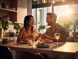 ai generativo contento Pareja teniendo sano desayuno juntos a hogar foto